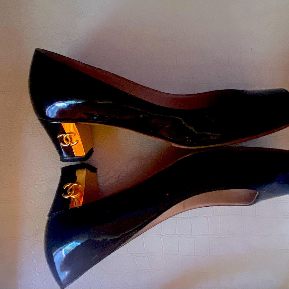 Authentic Chanel black patent leather peep toe pump